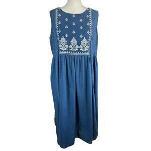 Utsa Jumper Dress Size XXL Blue Embroidered Floral Cottagecore Cotton Boho Midi